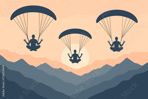 Paragliding meditation at sunrise over tranquil mountains