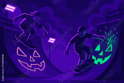 Neon night skateboarding with glowing jack-o'-lantern ramps