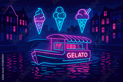 Neon gelato boat on canal with glowing ice cream signs
