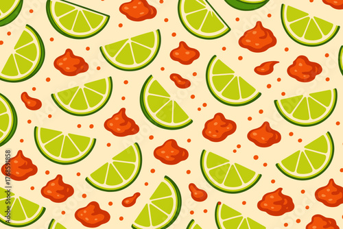 Lime wedges and spicy salsa splatter seamless pattern