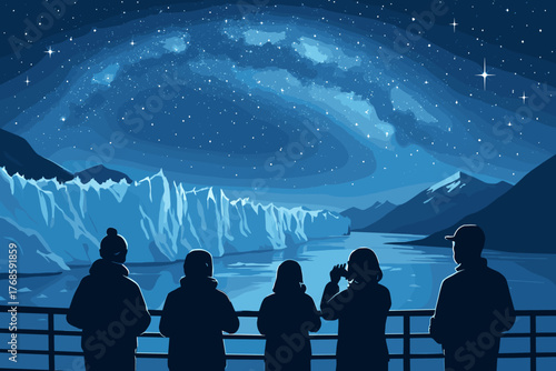 Stargazing tourists view glacier under Milky Way night sky