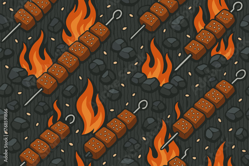 Seamless BBQ skewer pattern with flames and charcoal