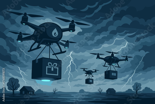 Drones flying through storm to deliver packages at night