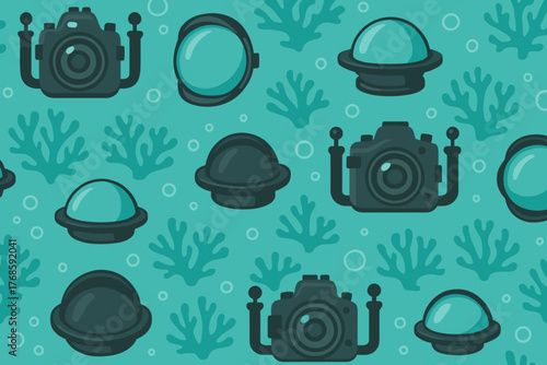 Underwater photography seamless pattern with dive cameras and dome ports