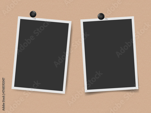 Photo frame mockup on corkboard. Realistic pinned photo template. Retro instant photo mockup set. Empty image frame for collage