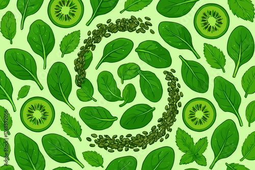 Spiral pattern of green leaves, kiwi slices, and seeds on light green background