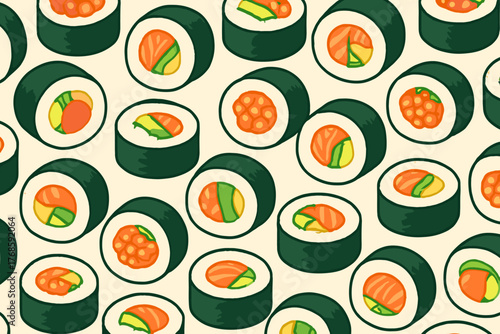 Seamless sushi roll pattern with salmon and roe illustration