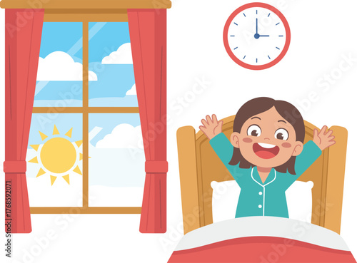 Happy child waking up, morning routine, smiling kid in bed, sunrise window, cheerful start, teal pajamas, early day, cartoon illustration