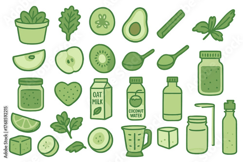 Green smoothie ingredients icon set with coconut water