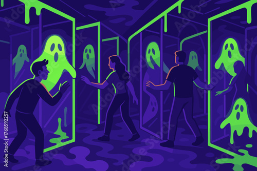 Terrifying mirror maze with glowing ghosts and dripping slime