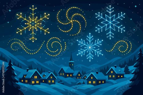 Snow-covered village with festive drone snowflake and swirl light display