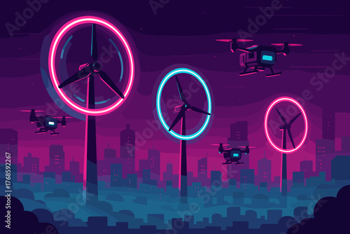 Futuristic city with glowing wind turbines and aerial drones