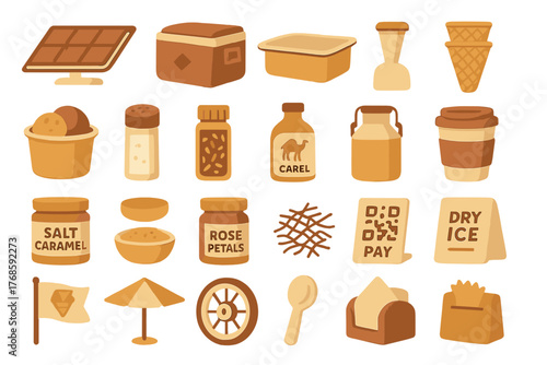 Set of illustrated ice cream parlor and toppings icons