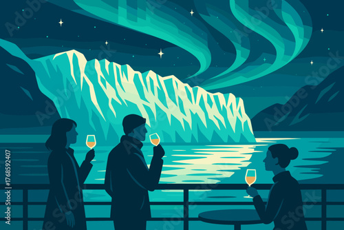 Travelers sipping drinks while watching northern lights over iceberg