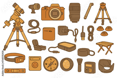 Hand-drawn icons of astronomy, camera, and camping gear