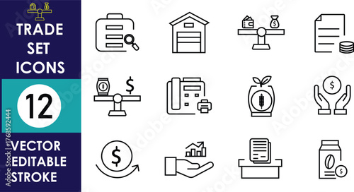 Minimalist vector icon set with 12 trade and finance symbols, outlined in black with editable strokes, representing balance, money, documents, banking, and transactions
