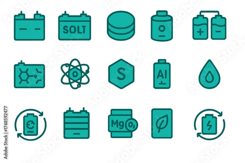 Teal icon set of battery chemistries, elements, and recycling
