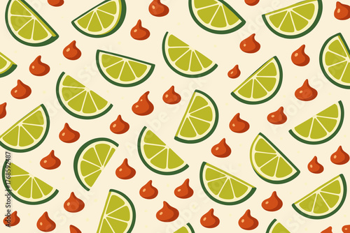 Lime wedges and hot sauce dollops seamless pattern