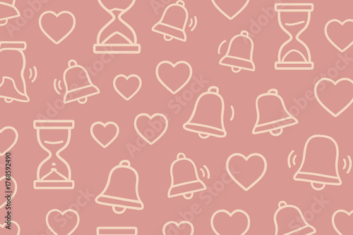 Seamless love reminder pattern with hearts, bells, and hourglasses