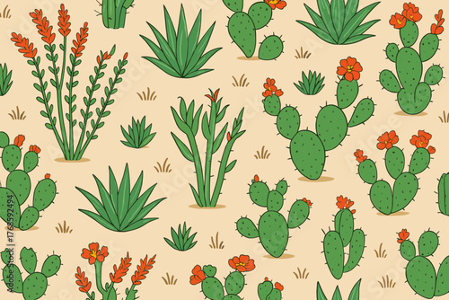 Seamless desert cactus pattern with blooming succulents on sand background