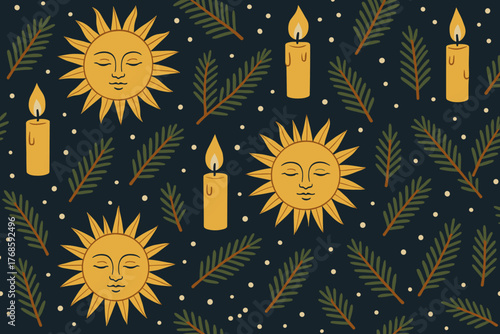 Vintage sun and candle seamless winter solstice pattern