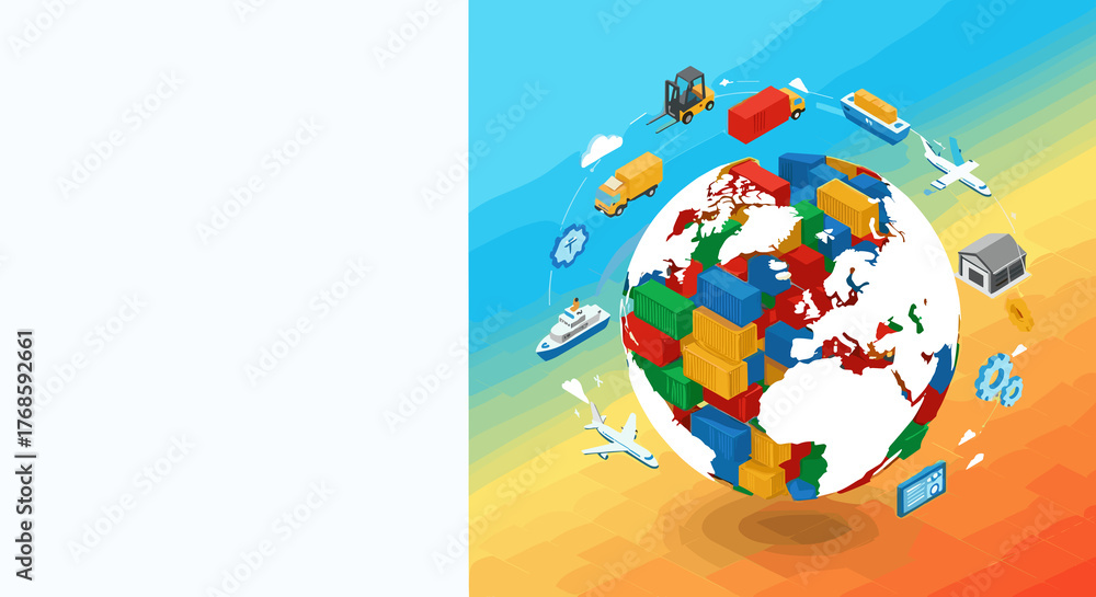 Naklejka premium World Leasing Day isometric poster: cargo containers form globe, colorful international trade and transport