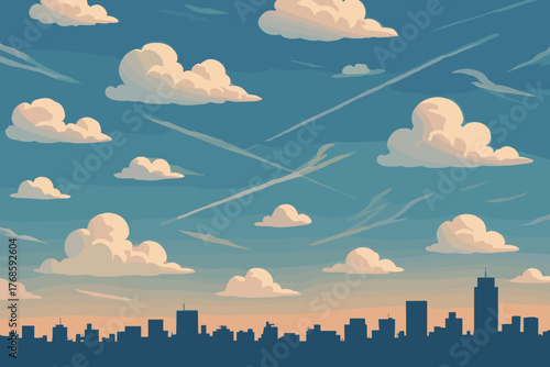 City skyline at sunset with clouds and airplane trails
