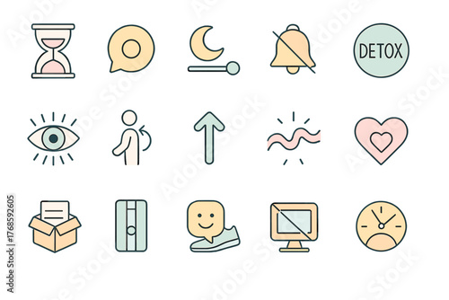Pastel icon set for digital detox, wellness, and self-care