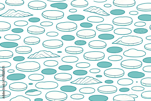 Floating mochi and mountain pattern on teal background