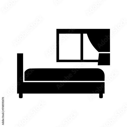 Stylized depiction of a bed next to a window with curtains drawn back