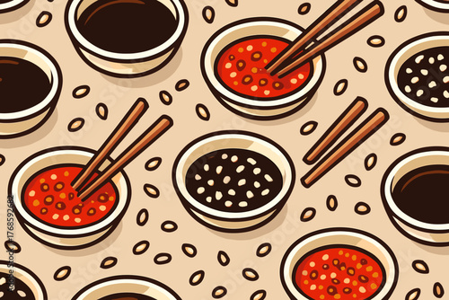 Pattern of dipping sauces with chopsticks and sesame seeds