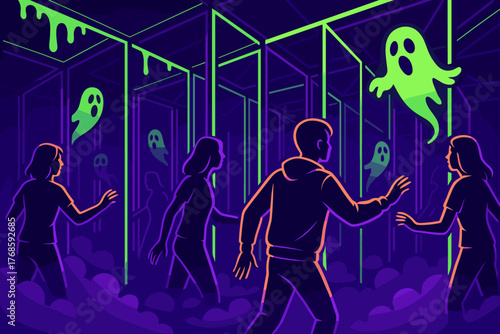 Spooky mirror maze with ghosts and glowing slime
