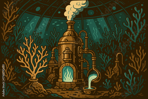 Fantasy steampunk distillery in an underwater coral dome