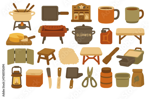 Set of illustrated fondue and camping cooking gear icons