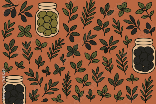 Seamless pattern with jars of olives and olive branches on terracotta background