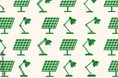 Green solar panels and desk lamps pattern on cream background