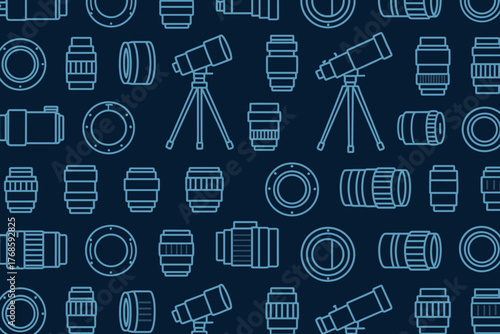 Seamless pattern of telescopes, camera lenses, and mounts on dark background