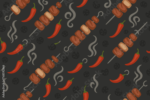 Grill night pattern with skewers and chili peppers