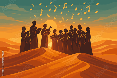 Choir singing at sunset in a desert landscape illustration