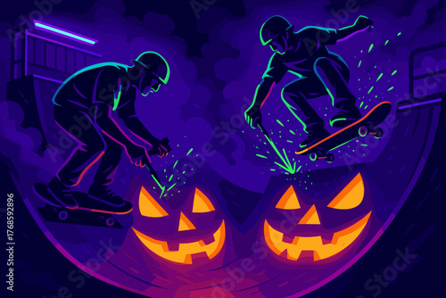 Halloween night skateboarding with glowing jack-o'-lantern ramps