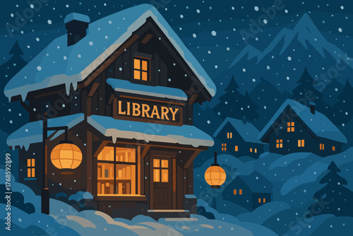 Cozy snowy village library glowing with warm light at night