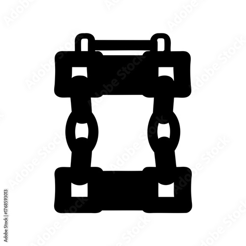 Black silhouette of a fantasy metal structure with chains, abstract, simple