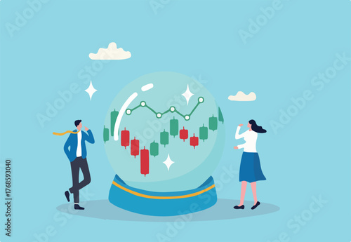 Forecast or prediction, investment opportunity, fortune teller to see stock market or economic direction, trend or business vision concept, business people look at magic sphere future market chart