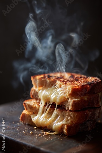 Delicious grilled cheese sandwich with melted cheese and steam, sitting on a rustic wooden board in warm lighting.