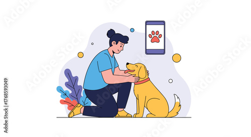 Person kneeling and petting a happy dog, with a paw print app icon on a phone screen in the background.