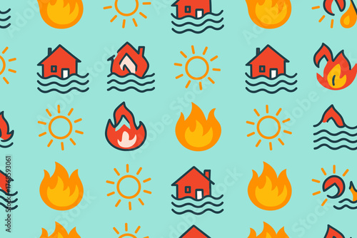 Seamless climate change icons pattern with fire, flood, and sun symbols