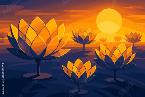 Stylized lotus flowers glowing in sunset landscape