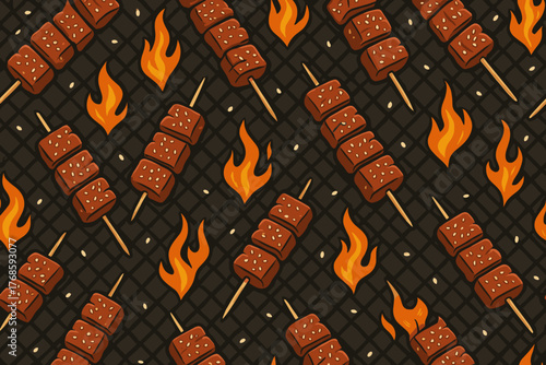 Grilled meat skewers and flames seamless BBQ pattern