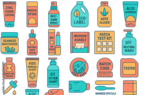 Skincare and eco cosmetic product icons in flat style