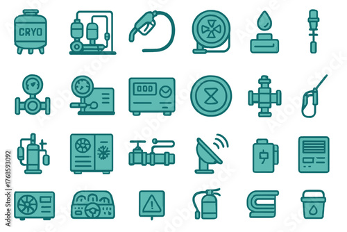Industrial cryogenic and fluid system icons set